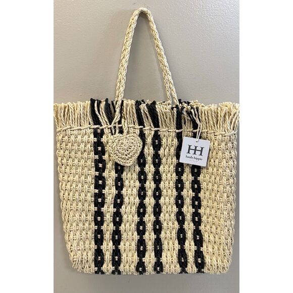 NWT Haute Hippie tan with black stripes raffia straw tote bag - Picture 2 of 8